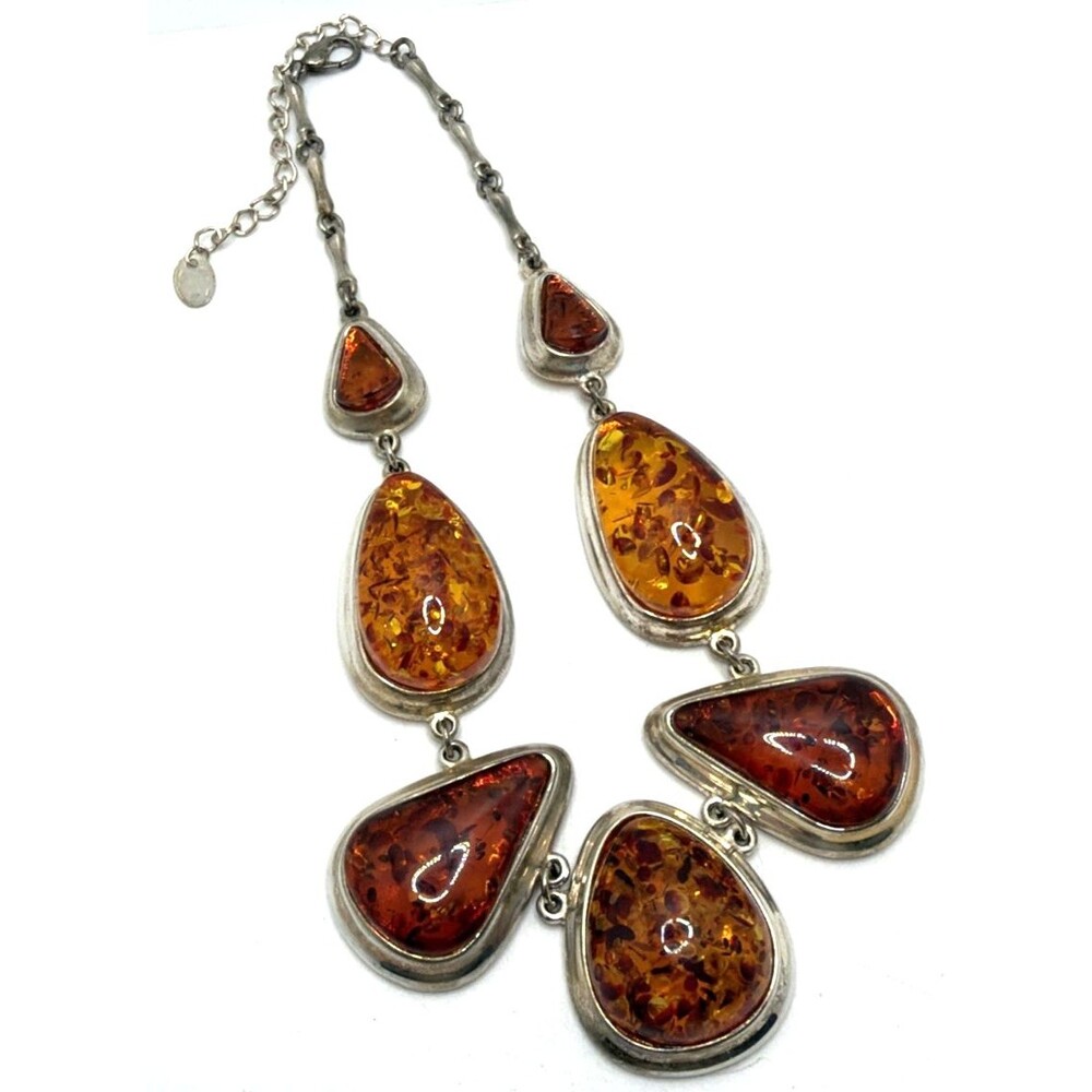 Vintage Faux Amber Bib Necklace Silver Plated? Boho Statement 14.5" to 17.5"